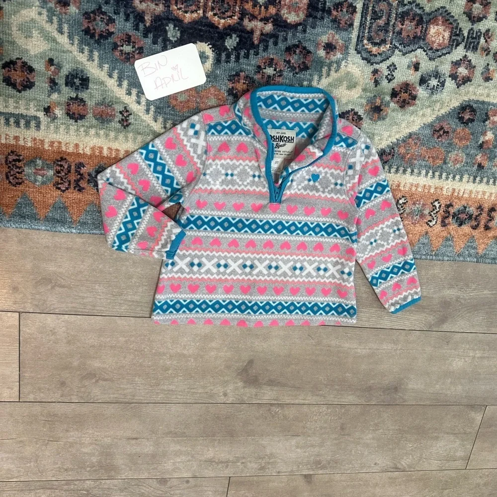 Y2K OshKosh B'Gosh Toddler Girl Fair Isle Print Pullover Sweater 3T Quarter-Zip